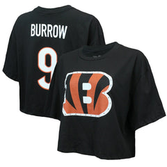 Joe Burrow Cincinnati Bengals Majestic Threads Women's Swarovski Crystals Boxy Cropped Name & Number T-Shirt - Black T-shirts