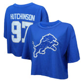 Aidan Hutchinson Detroit Lions Majestic Threads Women's Swarovski Crystals Boxy Cropped Name & Number T-Shirt - Blue T-shirts
