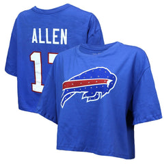 Josh Allen Buffalo Bills Majestic Threads Women's Swarovski Crystals Boxy Cropped Name & Number T-Shirt - Royal T-shirts