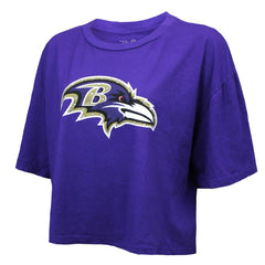 Lamar Jackson Baltimore Ravens Majestic Threads Women's Swarovski Crystals Boxy Cropped Name & Number T-Shirt - Purple T-shirts