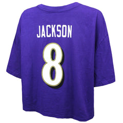 Lamar Jackson Baltimore Ravens Majestic Threads Women's Swarovski Crystals Boxy Cropped Name & Number T-Shirt - Purple T-shirts