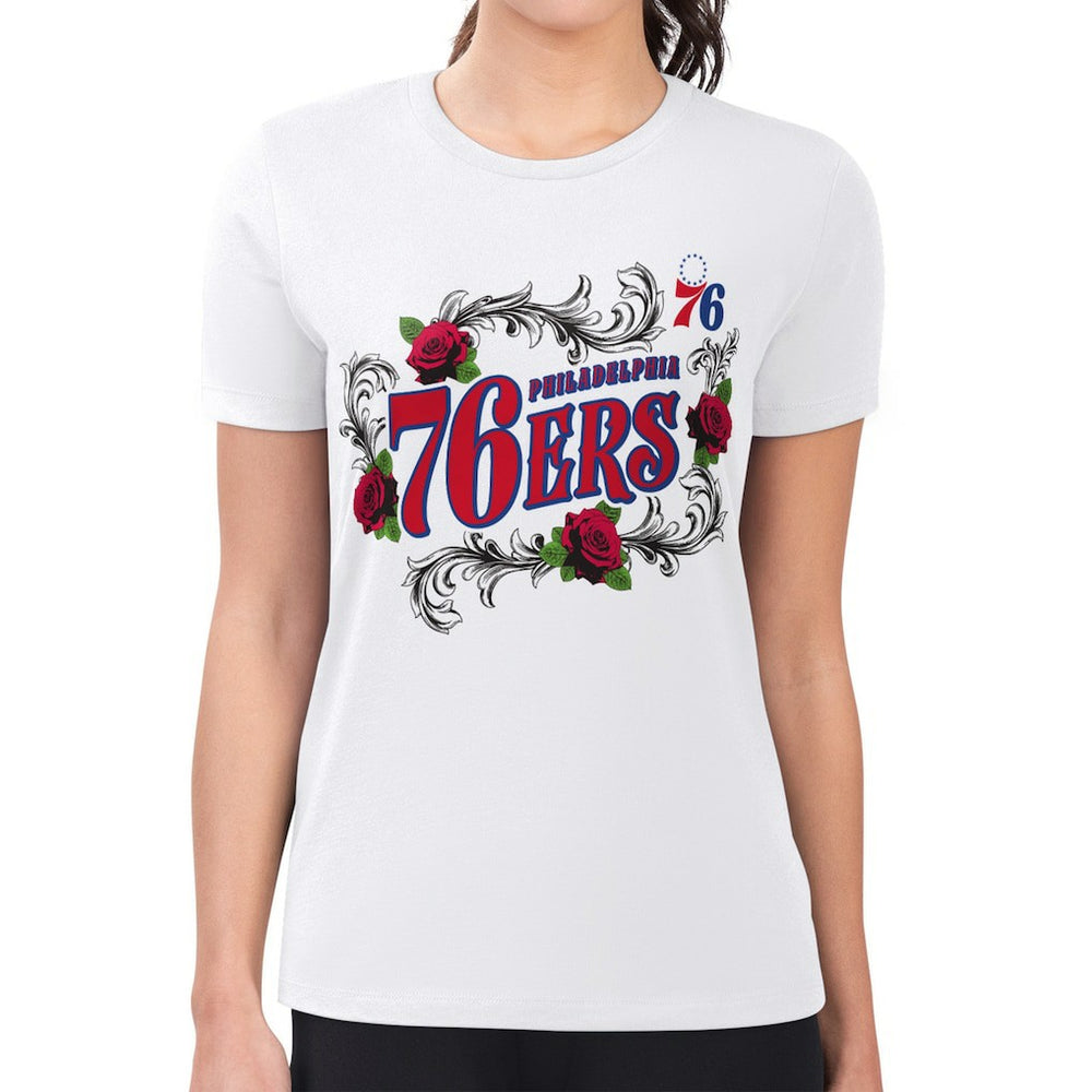 Philadelphia 76ers G-III 4Her by Carl Banks Women's Super-Slim Fit Lightweight Roses Crew Neck T-Shirt White