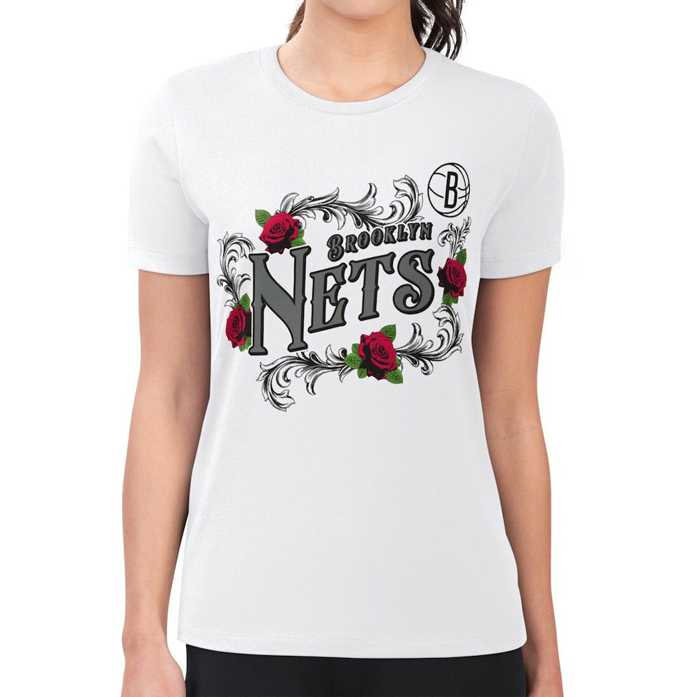 Brooklyn Nets G-III 4Her by Carl Banks Women's Super-Slim Fit Lightweight Roses Crew Neck T-Shirt White