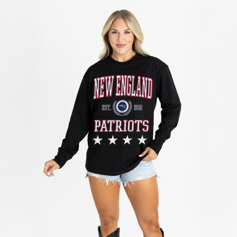 New England Patriots Gameday Couture Women's Oversized Everyday Star Long Sleeve T-Shirt - Black T-shirts