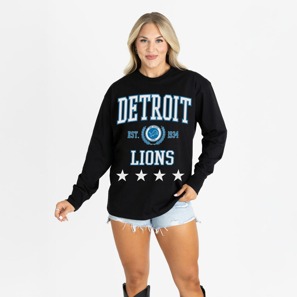 Detroit Lions Gameday Couture Women's Oversized Everyday Star Long Sleeve T-Shirt - Black T-shirts
