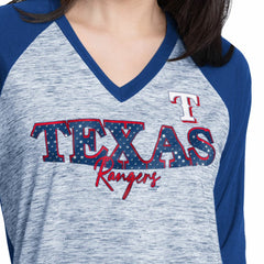 Texas Rangers G-III 4Her by Carl Banks Women's Speed Training 3/4-Sleeve Rhinestone V-Neck T-Shirt - Royal/Heather Royal T-shirts