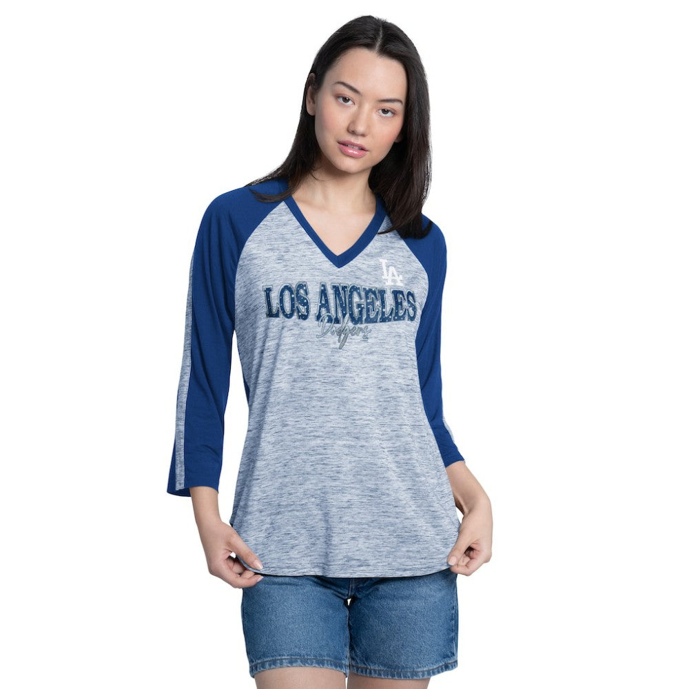 Los Angeles Dodgers G-III 4Her by Carl Banks Women's Speed Training 3/4-Sleeve Rhinestone V-Neck T-Shirt - Royal/Heather Royal T-shirts