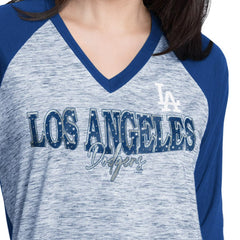 Los Angeles Dodgers G-III 4Her by Carl Banks Women's Speed Training 3/4-Sleeve Rhinestone V-Neck T-Shirt - Royal/Heather Royal T-shirts