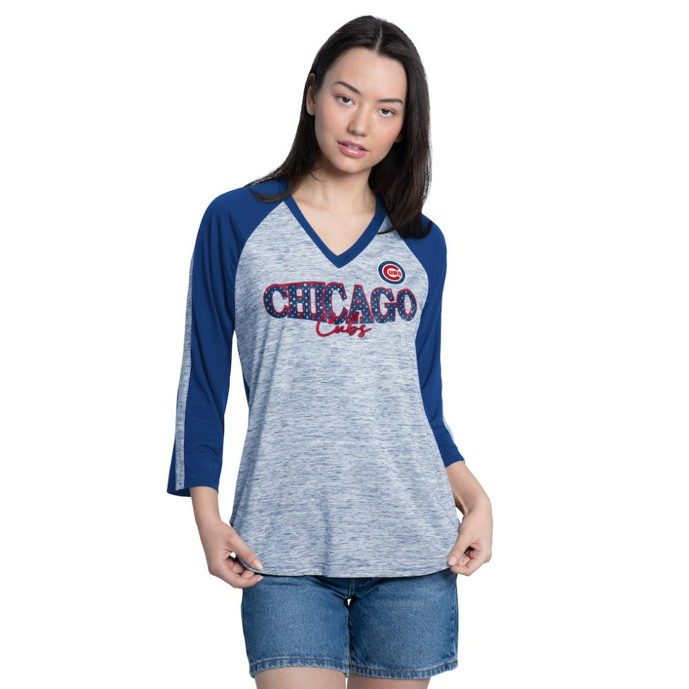 Chicago Cubs G-III 4Her by Carl Banks Women's Speed Training 3/4-Sleeve Rhinestone V-Neck T-Shirt - Royal/Heather Gray T-shirts