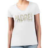 San Diego Padres G-III 4Her by Carl Banks Women's Metallic Drop Lightweight V-Neck T-Shirt - White T-shirts