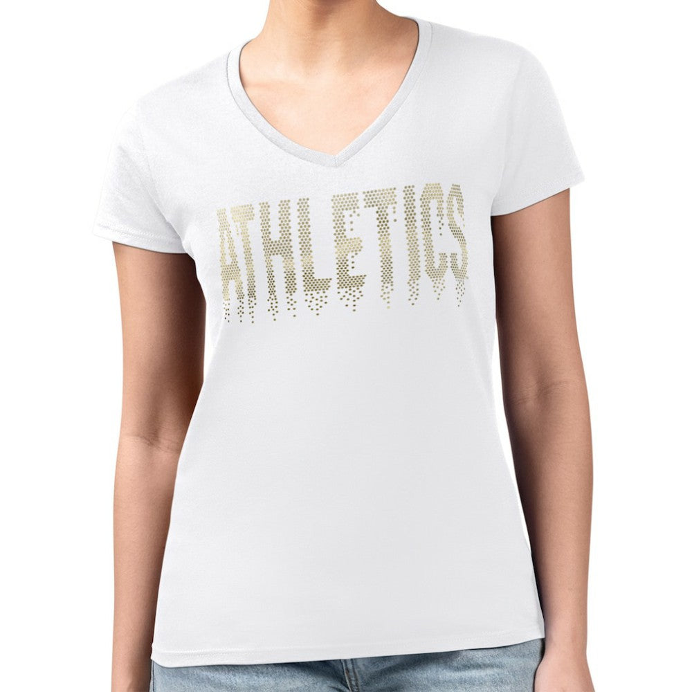 Athletics G-III 4Her by Carl Banks Women's Metallic Drop Lightweight V-Neck T-Shirt - White T-shirts