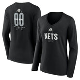 Brooklyn Nets Women's Center Court Name & Number Custom Long Sleeve V-Neck T-Shirt Black