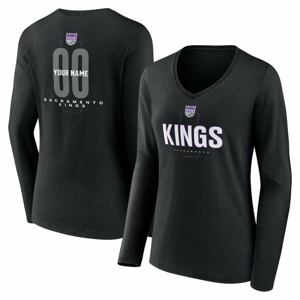 Sacramento Kings Women's Center Court Name & Number Custom Long Sleeve V-Neck T-Shirt Black