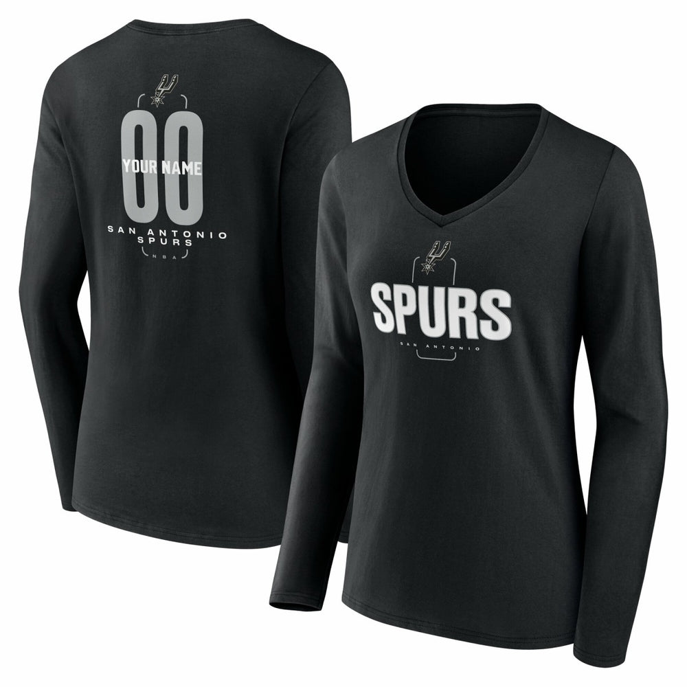 San Antonio Spurs Women's Center Court Name & Number Custom Long Sleeve V-Neck T-Shirt Black