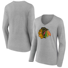 Chicago Blackhawks Women's Primary Logo Long Sleeve V-Neck T-Shirt - Gray | US 203555628