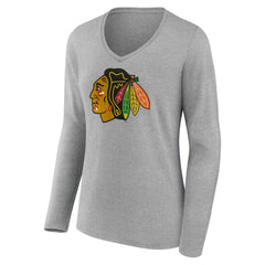 Chicago Blackhawks Women's Primary Logo Long Sleeve V-Neck T-Shirt - Gray | US 203555628