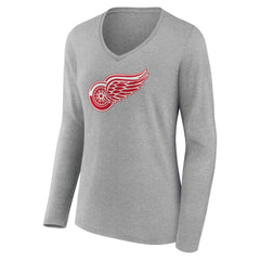 Detroit Red Wings Women's Primary Logo Long Sleeve V-Neck T-Shirt - Gray | US 203555634
