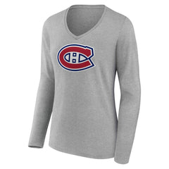 Montreal Canadiens Women's Primary Logo Long Sleeve V-Neck T-Shirt - Gray | US 203555647