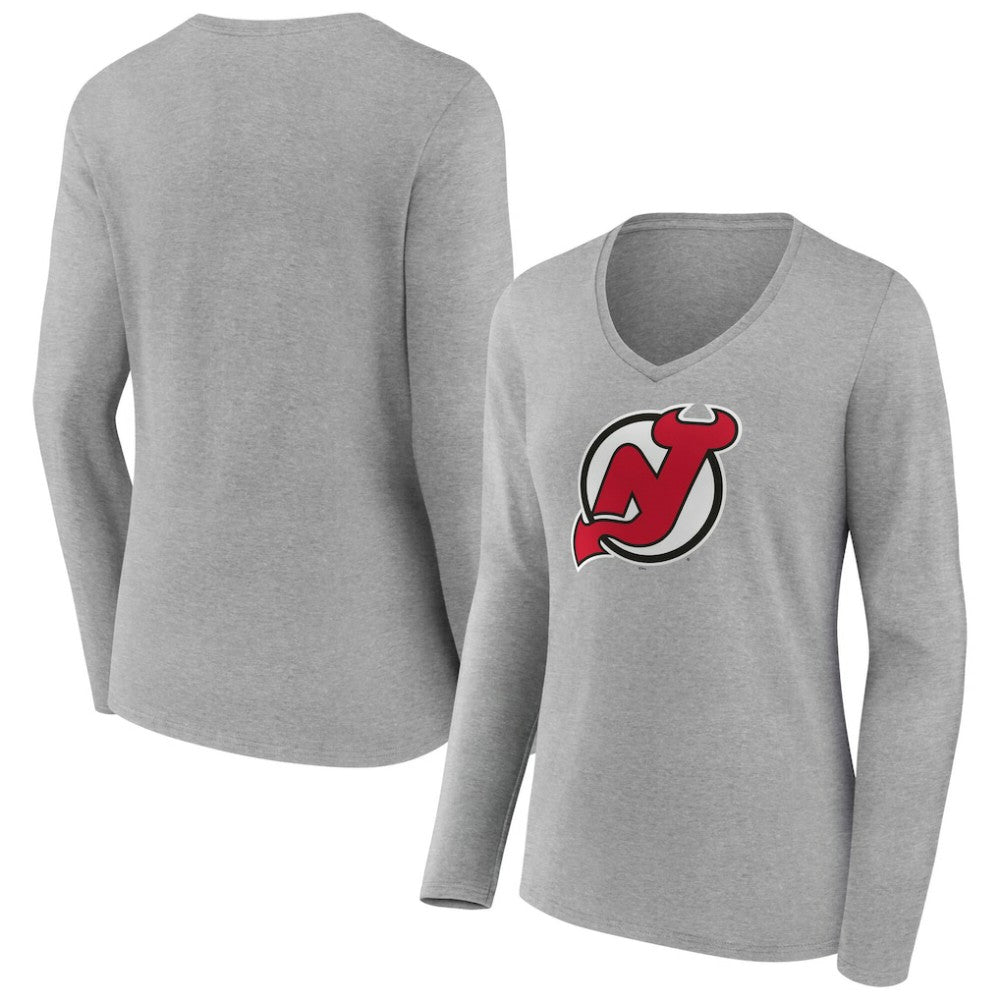 New Jersey Devils Women's Primary Logo Long Sleeve V-Neck T-Shirt - Gray | US 203555651