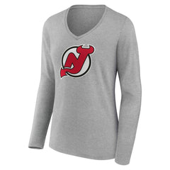 New Jersey Devils Women's Primary Logo Long Sleeve V-Neck T-Shirt - Gray | US 203555651