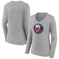 New York Islanders Women's Primary Logo Long Sleeve V-Neck T-Shirt - Gray | US 203555655