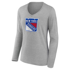 New York Rangers Women's Primary Logo Long Sleeve V-Neck T-Shirt - Gray | US 203555662