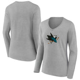 San Jose Sharks Women's Primary Logo Long Sleeve V-Neck T-Shirt - Gray | US 203555669