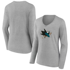 San Jose Sharks Women's Primary Logo Long Sleeve V-Neck T-Shirt - Gray | US 203555669