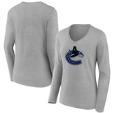 Vancouver Canucks Women's Primary Logo Long Sleeve V-Neck T-Shirt - Gray | US 203555678