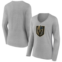 Vegas Golden Knights Women's Primary Logo Long Sleeve V-Neck T-Shirt - Gray | US 203555681
