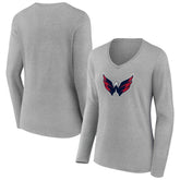 Washington Capitals Women's Primary Logo Long Sleeve V-Neck T-Shirt - Gray | US 203555682