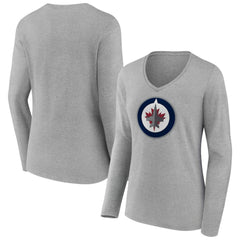 Winnipeg Jets Women's Primary Logo Long Sleeve V-Neck T-Shirt - Gray | US 203555683