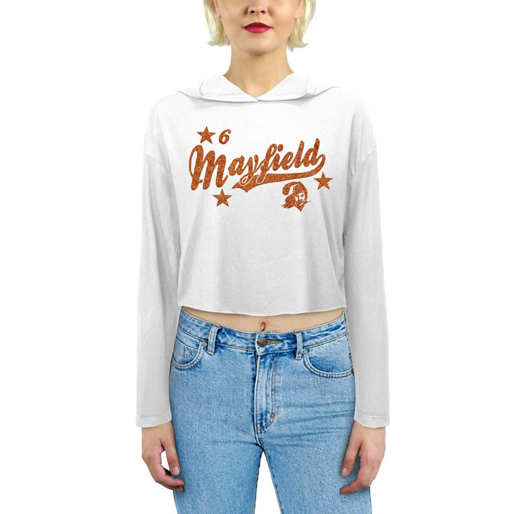Baker Mayfield Tampa Bay Buccaneers Majestic Threads Women's Glitter Wordmark Hoodie - White Hoodies