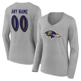 Baltimore Ravens Women's Team Authentic Personalized Name & Number Long Sleeve V-Neck T-Shirt - Gray T-shirts