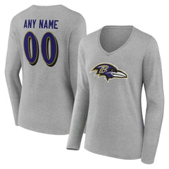 Baltimore Ravens Women's Team Authentic Personalized Name & Number Long Sleeve V-Neck T-Shirt - Gray T-shirts