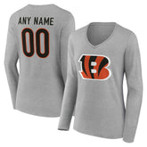 Cincinnati Bengals Women's Team Authentic Personalized Name & Number Long Sleeve V-Neck T-Shirt - Gray T-shirts