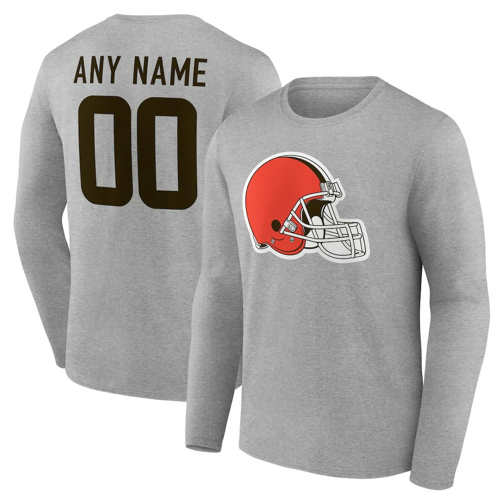 Cleveland Browns Team Authentic Personalized Name & Number Long Sleeve T-Shirt - Gray T-shirts