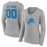 Detroit Lions Women's Team Authentic Personalized Name & Number Long Sleeve V-Neck T-Shirt - Gray T-shirts