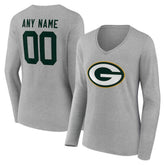 Green Bay Packers Women's Team Authentic Personalized Name & Number Long Sleeve V-Neck T-Shirt - Gray T-shirts