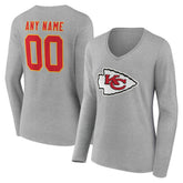 Kansas City Chiefs Women's Team Authentic Personalized Name & Number Long Sleeve V-Neck T-Shirt - Gray T-shirts