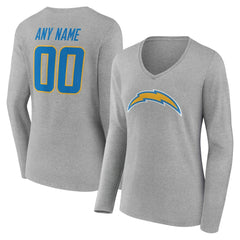 Los Angeles Chargers Women's Team Authentic Personalized Name & Number Long Sleeve V-Neck T-Shirt - Gray T-shirts