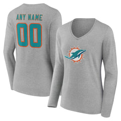 Miami Dolphins Women's Team Authentic Personalized Name & Number Long Sleeve V-Neck T-Shirt - Gray T-shirts