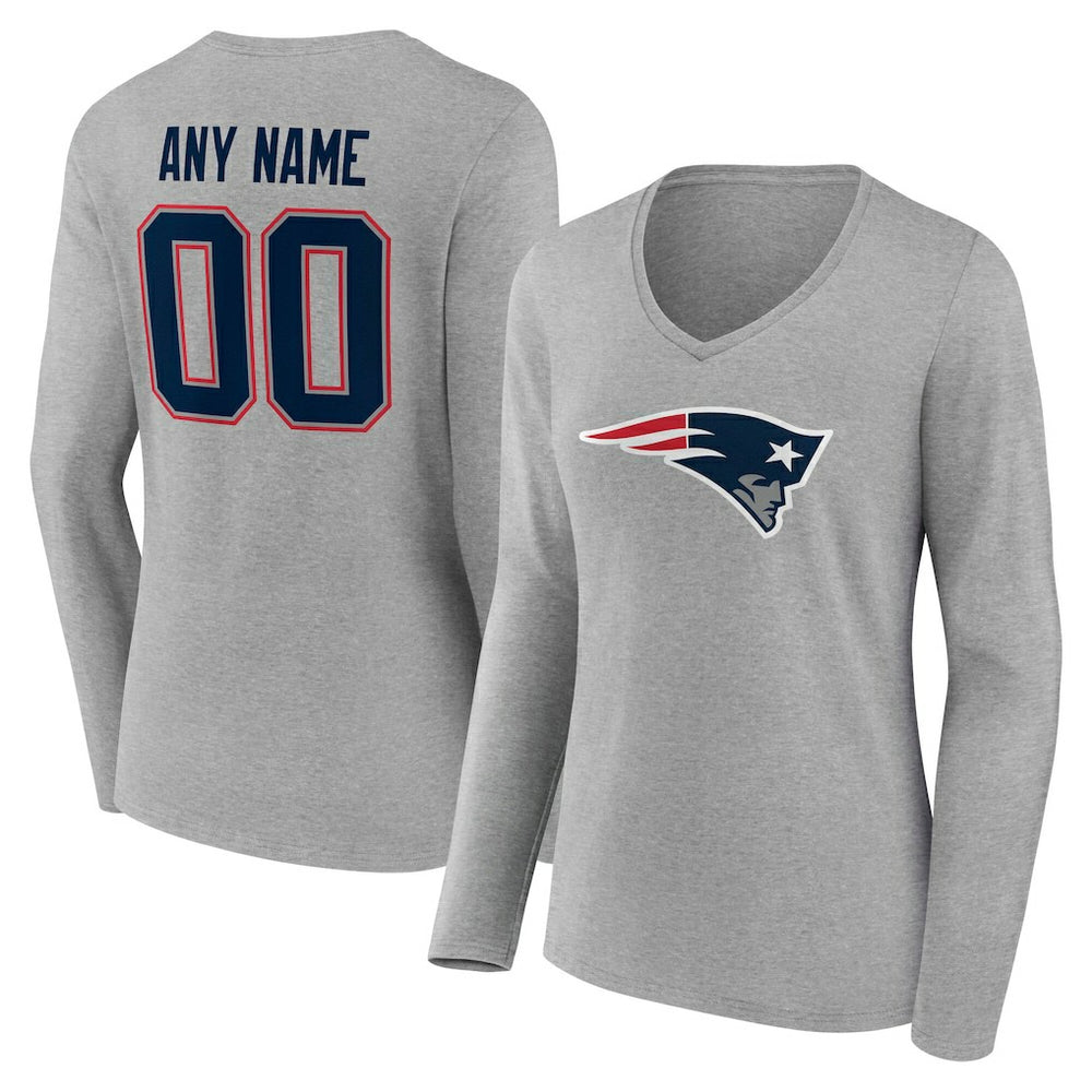 New England Patriots Women's Team Authentic Personalized Name & Number Long Sleeve V-Neck T-Shirt - Gray T-shirts
