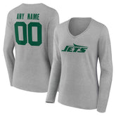 New York Jets Women's Team Authentic Personalized Name & Number Long Sleeve V-Neck T-Shirt - Gray T-shirts