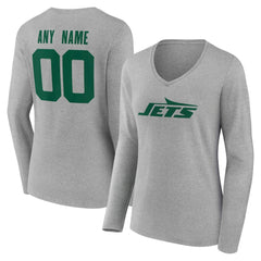 New York Jets Women's Team Authentic Personalized Name & Number Long Sleeve V-Neck T-Shirt - Gray T-shirts