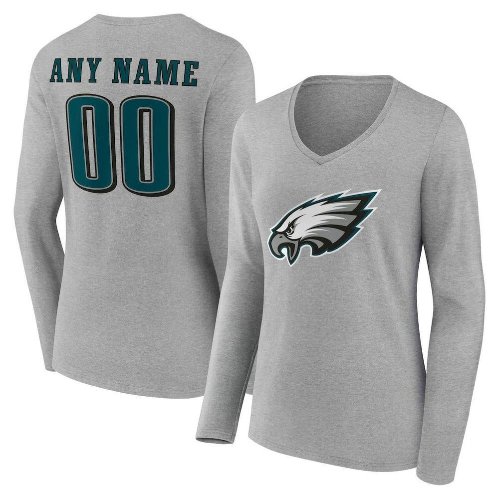 Philadelphia Eagles Women's Team Authentic Personalized Name & Number Long Sleeve V-Neck T-Shirt - Gray T-shirts