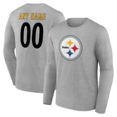 Pittsburgh Steelers Team Authentic Personalized Name & Number Long Sleeve T-Shirt - Gray T-shirts