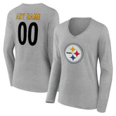 Pittsburgh Steelers Women's Team Authentic Personalized Name & Number Long Sleeve V-Neck T-Shirt - Gray T-shirts