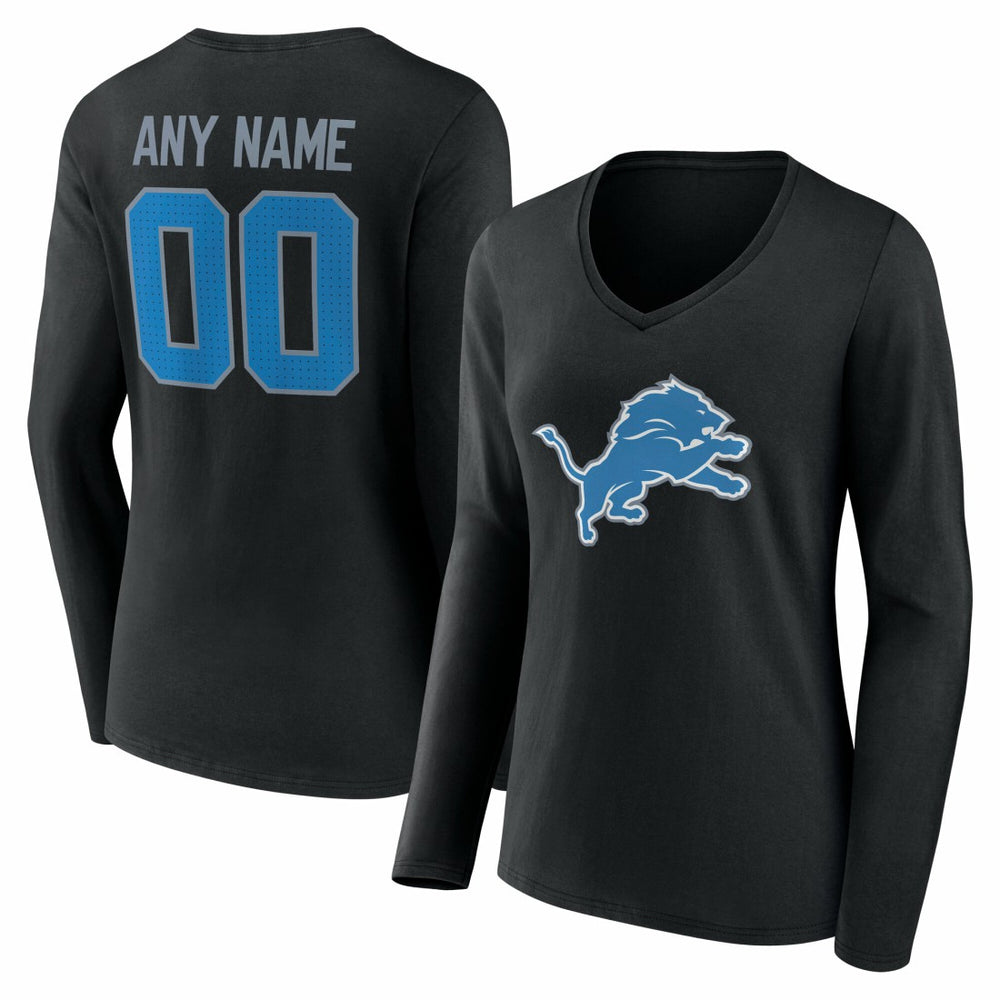 Detroit Lions Women's Team Authentic Personalized Name & Number Long Sleeve V-Neck T-Shirt - Black T-shirts
