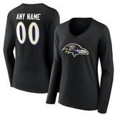 Baltimore Ravens Women's Team Authentic Personalized Name & Number Long Sleeve V-Neck T-Shirt - Black T-shirts